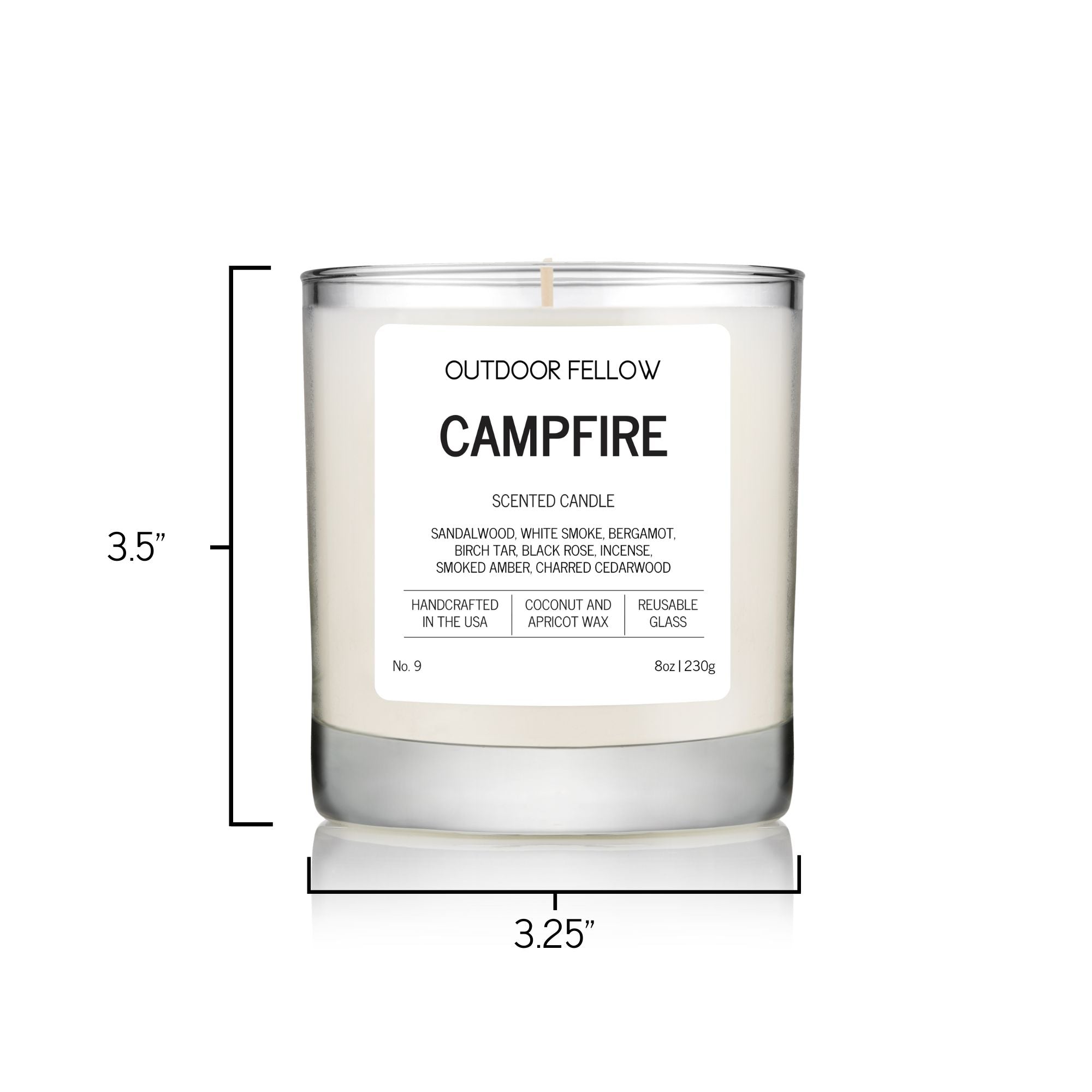Campfire scented candle measurements are 3.25 inches in diameter and 3.5 inches tall
