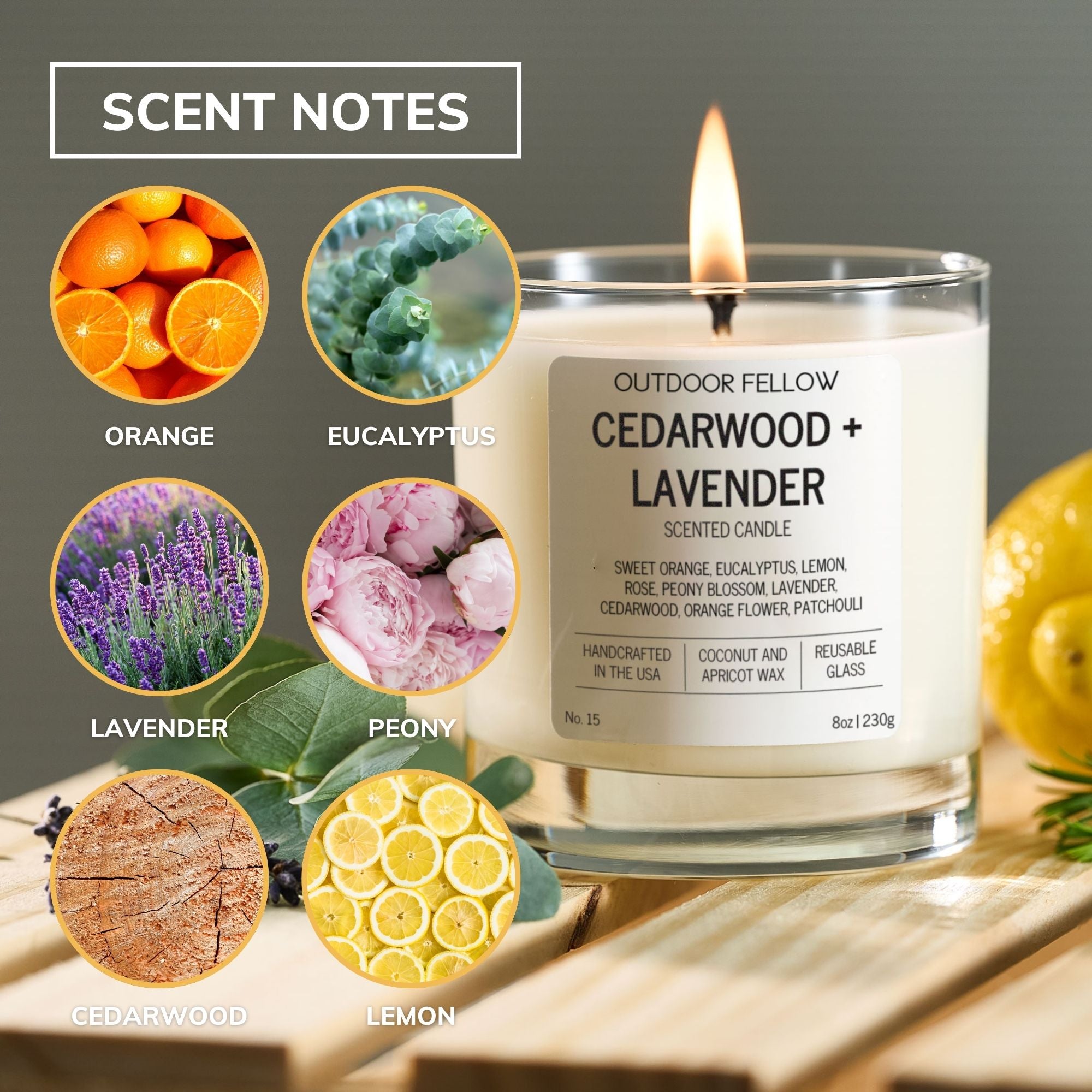 Candle labeled 'Cedarwood + Lavender' with scented notes orange, eucalyptus, lavender, peony, cedarwood and lemon displayed on a wooden surface.