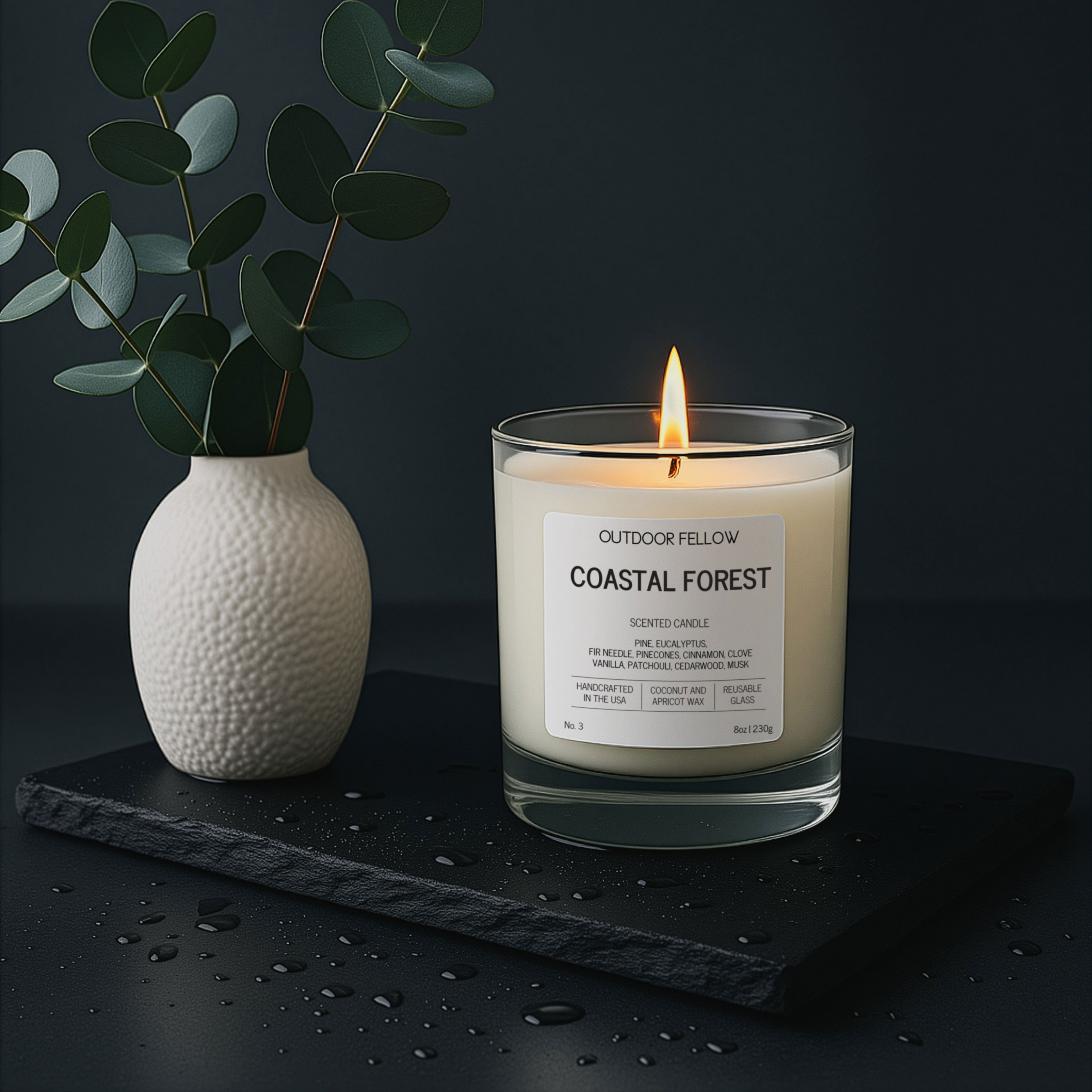 Candle labeled 'Coastal Forest' by Outdoor Fellow on a dark surface with a vase of greenery.