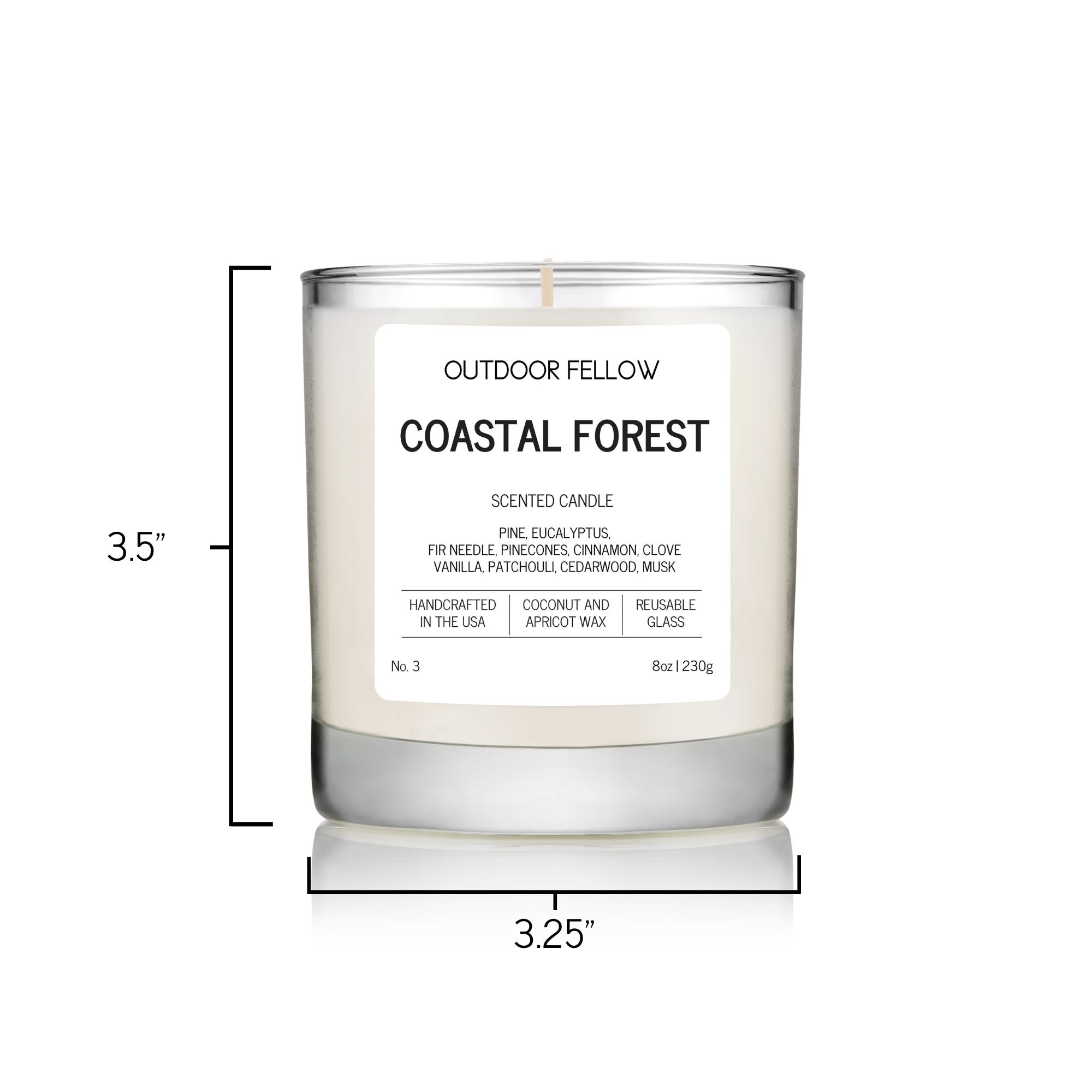 Coastal Forest candle measurements are 3.25 inches in diameter and 3.5 inches tall
