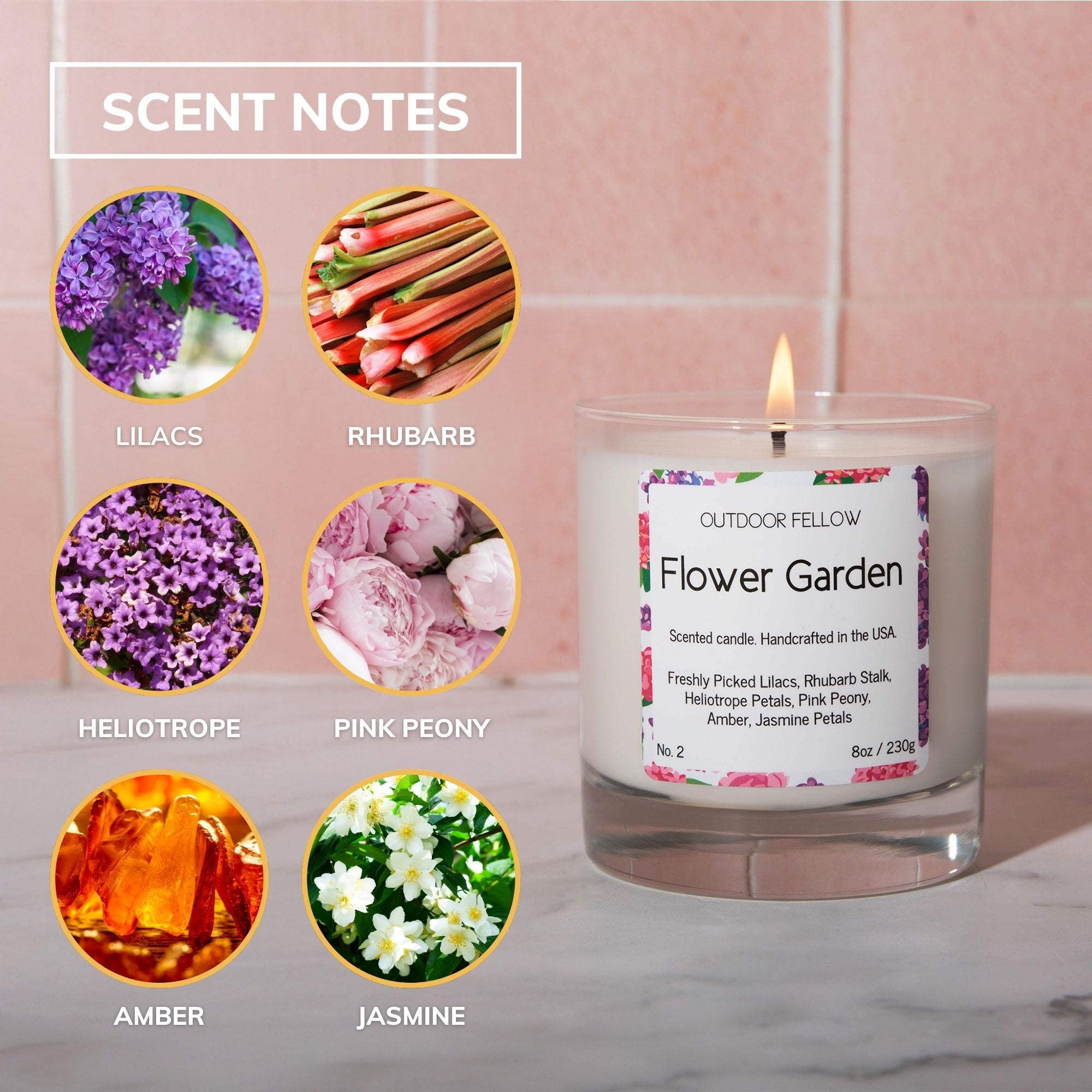 Flower Garden scent notes include lilacs, rhubarb, heliotrope, pink peony, amber and jasmine