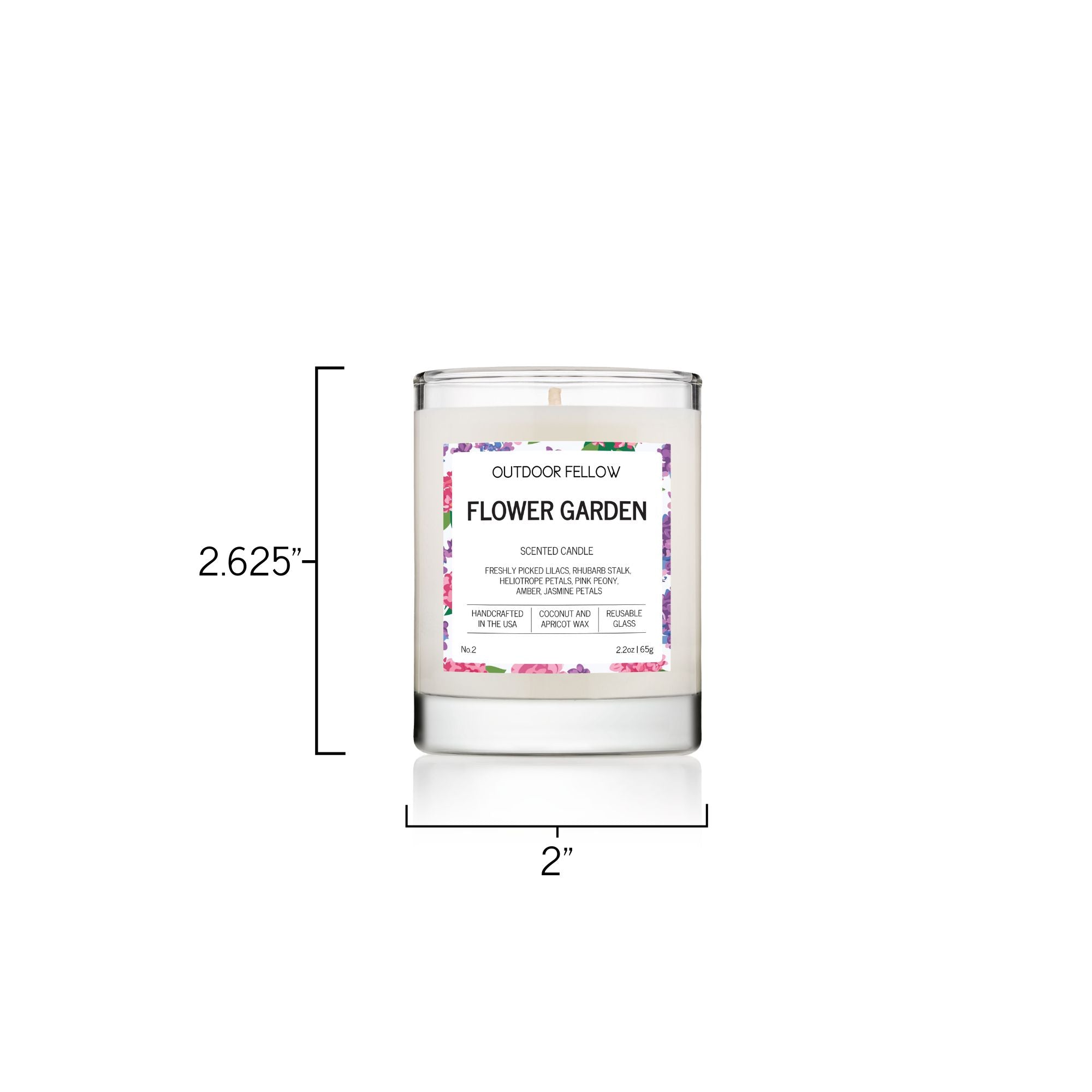 Flower Garden 2.2oz scented candle is 2.625 inches tall and has a diameter of 2 inches.