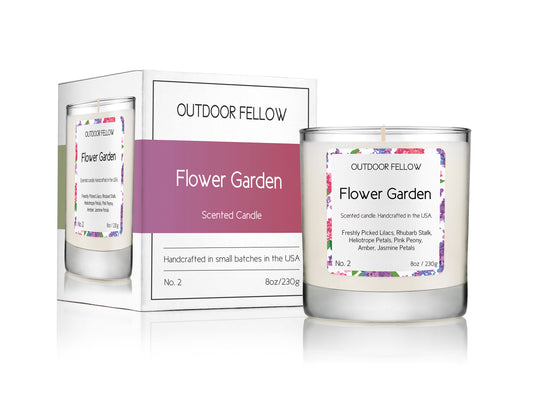 Flower Garden scented candle next to its packaging