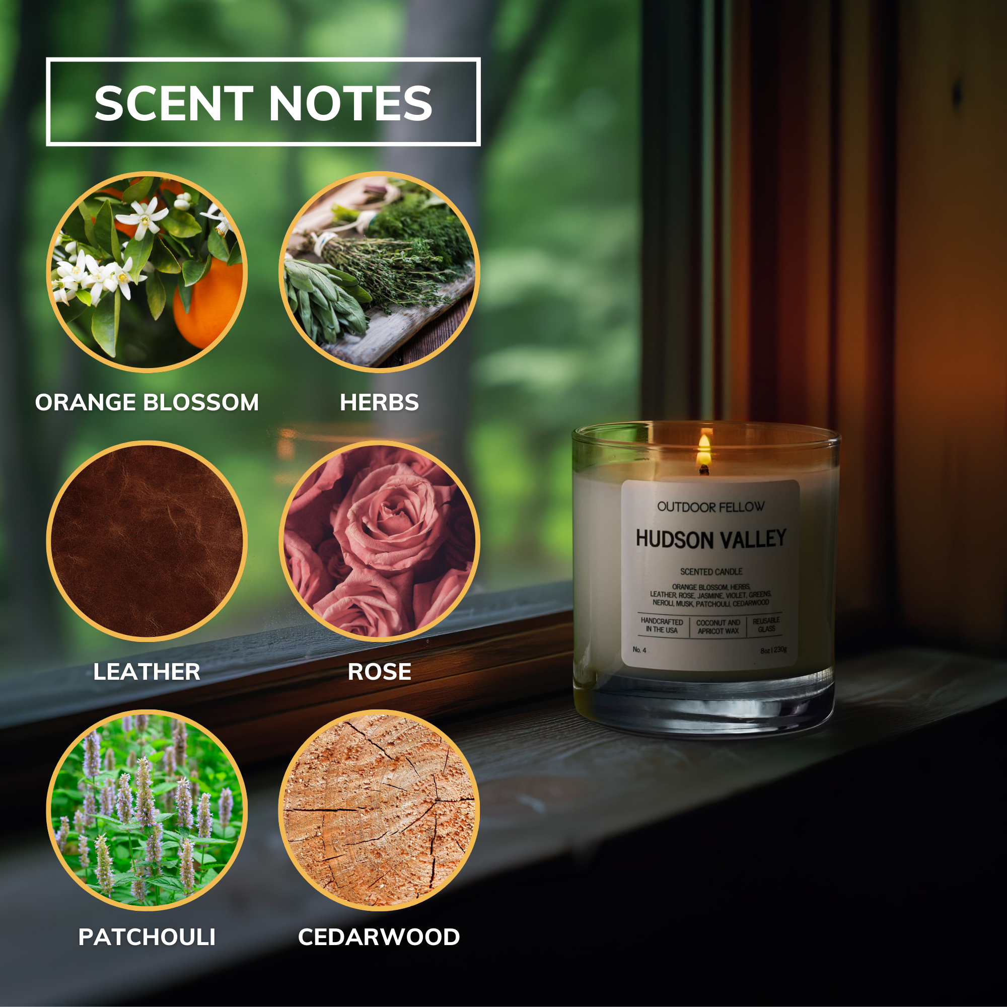 Hudson Valley scent notes include orange blossom, herbs, leather, rose, patchouli and cedarwood