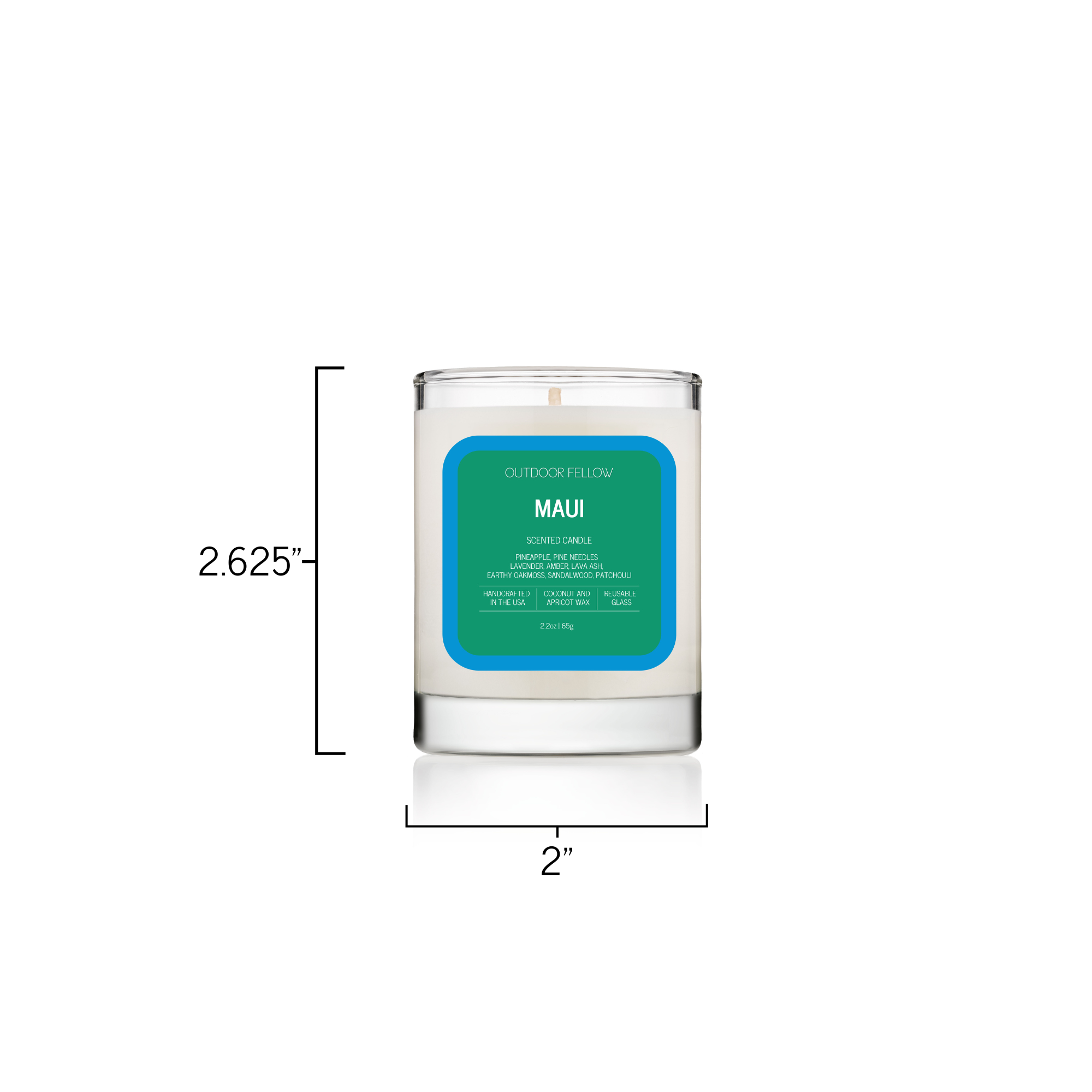 Maui 2.2oz scented candle is 2.625 inches tall and 2 inches in circumference