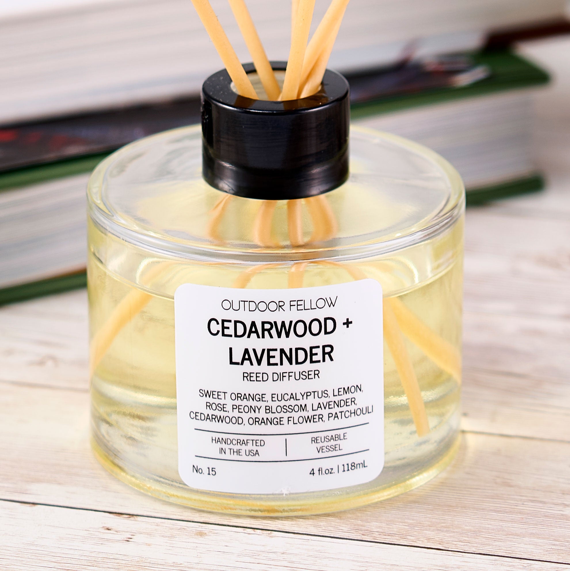 Close up of Cedarwood and Lavender reed diffuser