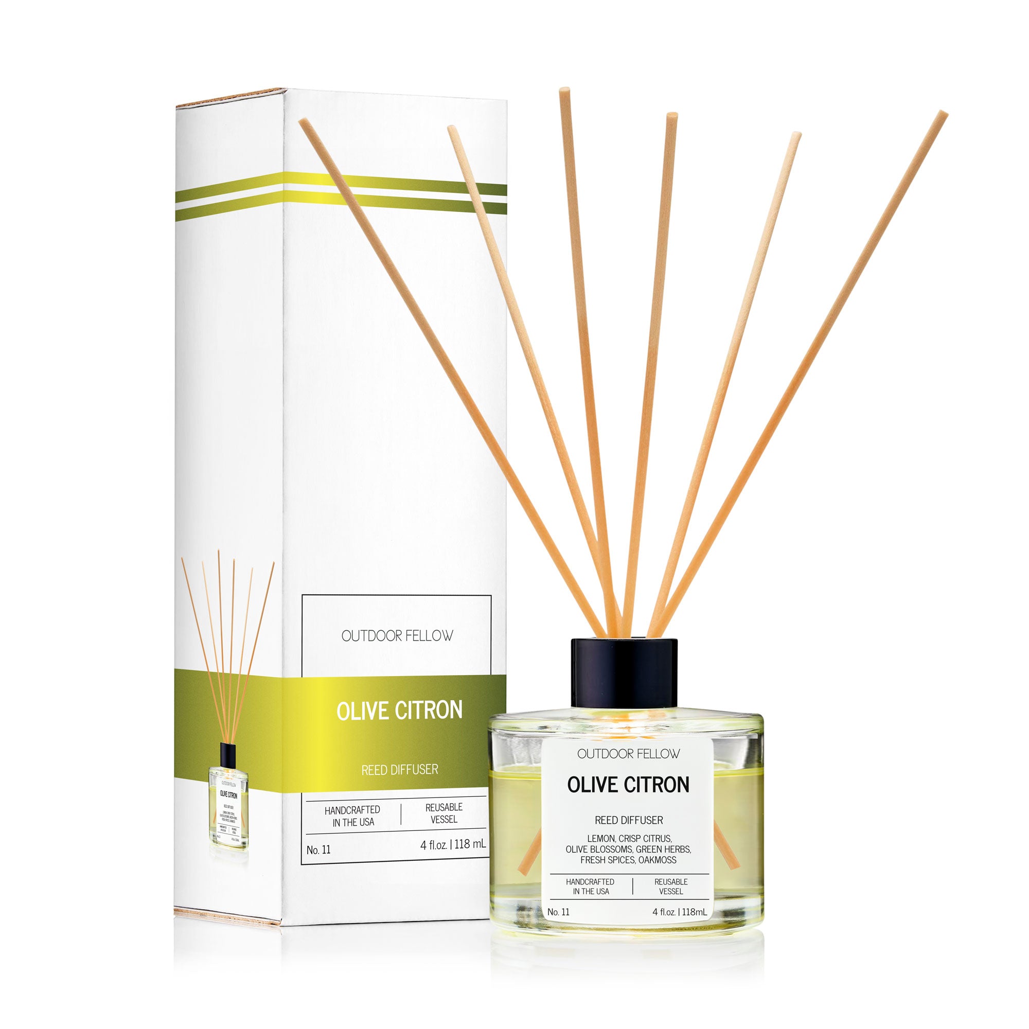Outdoor Fellow Olive Citron Reed Diffuser with packaging box.