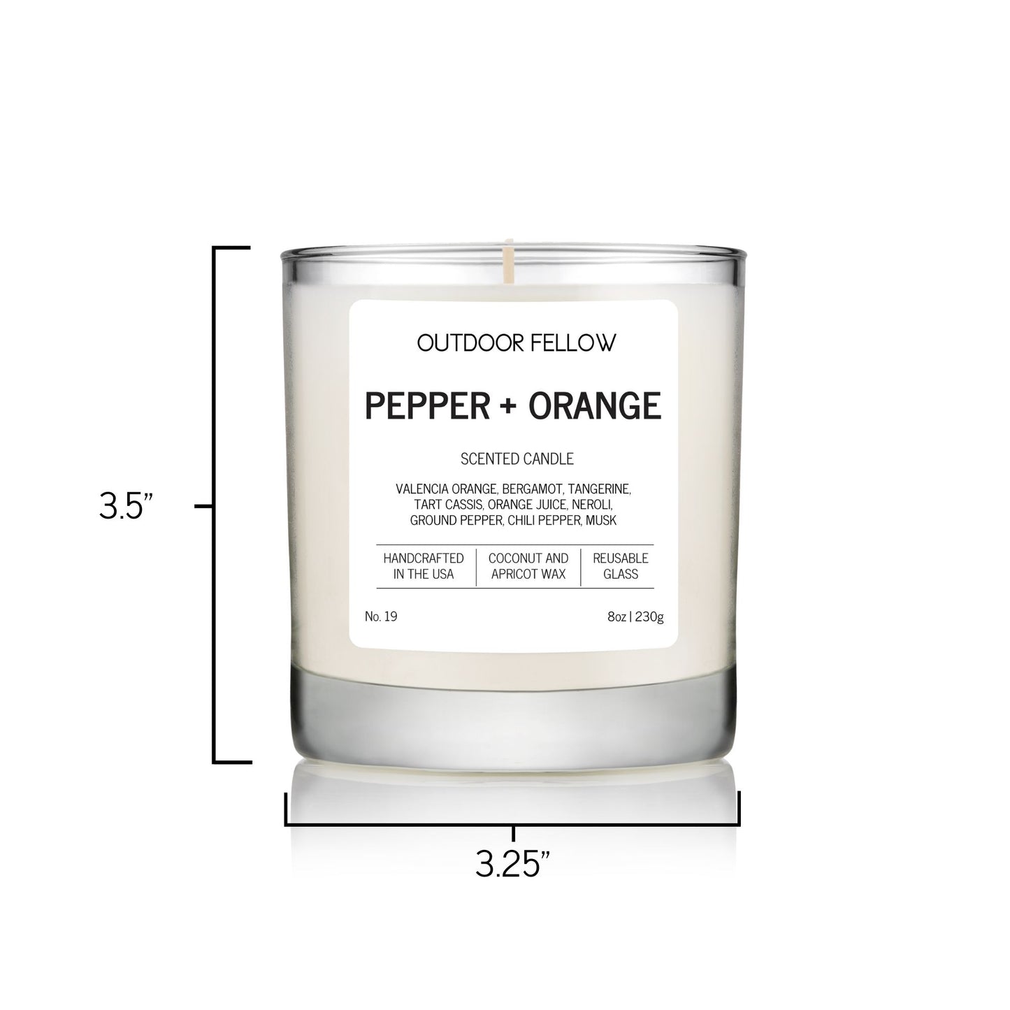 Pepper and Orange scented candle is 3.25 inches in diameter and 3.5 inches tall