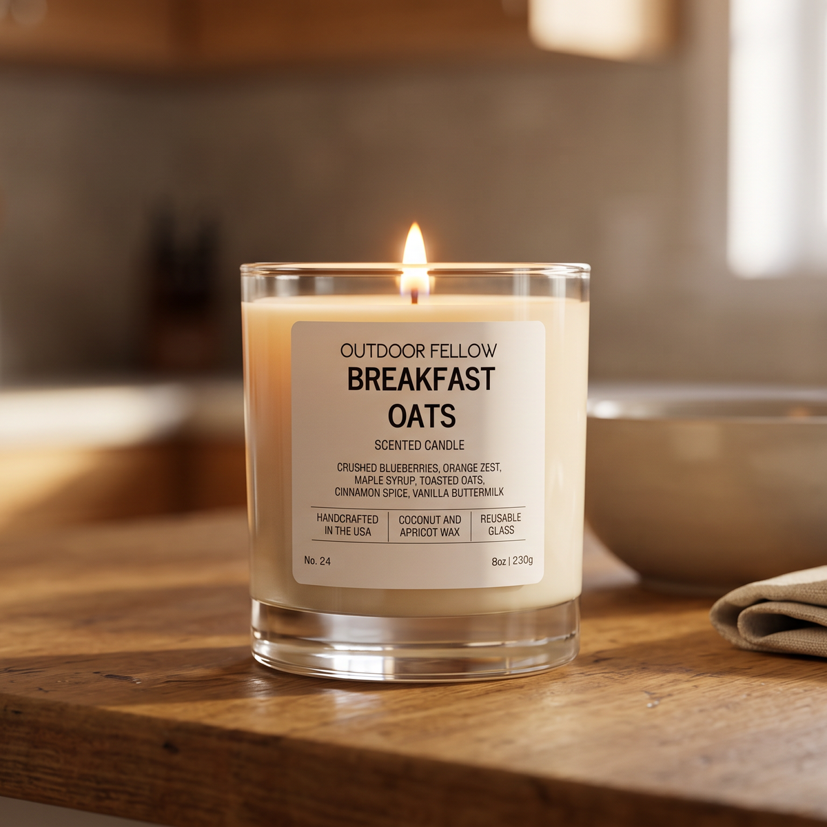 Breakfast Oats scented candle on a wooden table