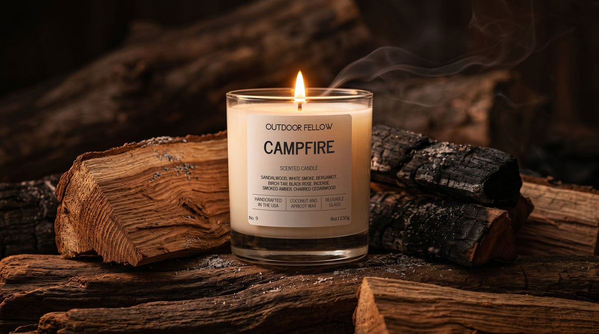 Campfire scented candle on a stack of wood