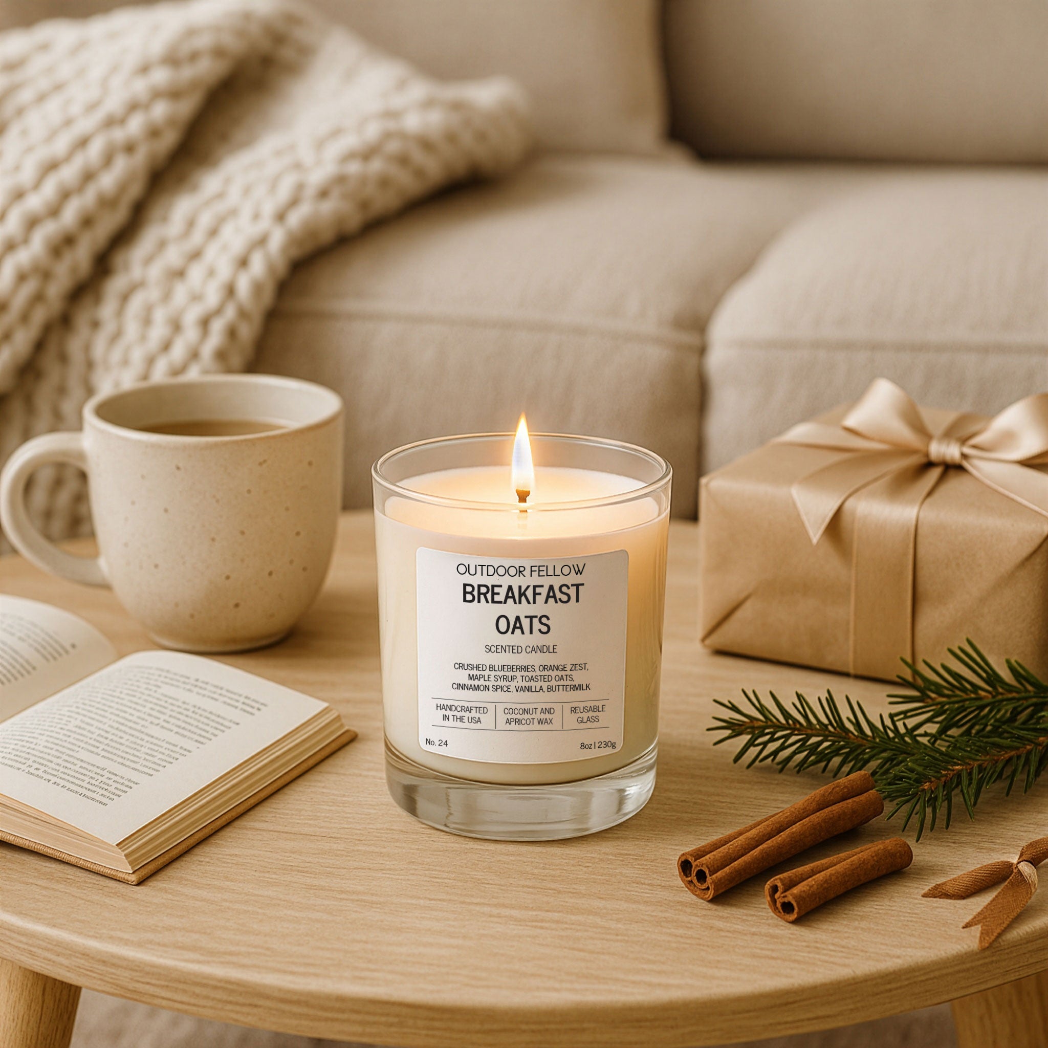 A lit Outdoor Fellow Breakfast Oats candle sits on a wooden coffee table beside a beige mug, an open book, and a wrapped gift with a gold ribbon. 