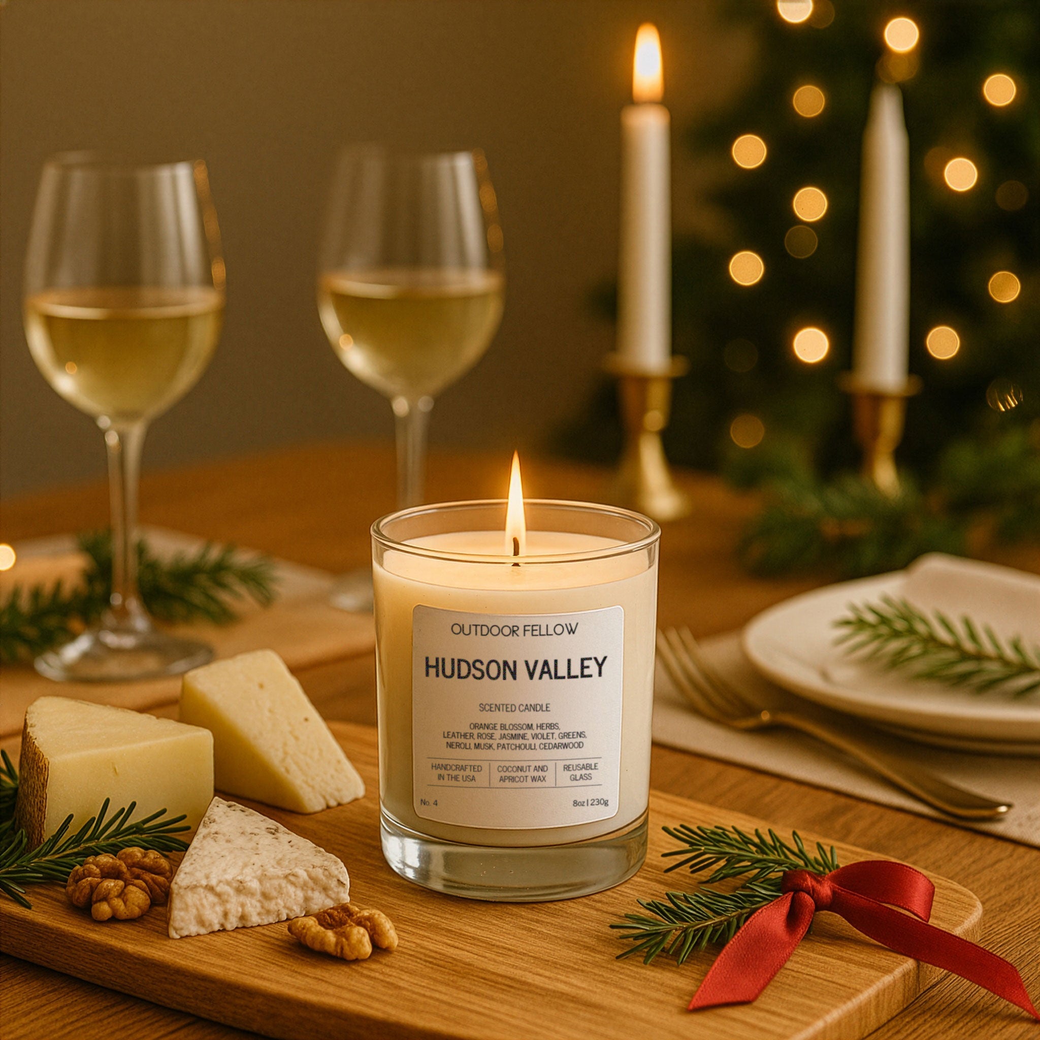 A lit Outdoor Fellow Hudson Valley candle sits on a holiday dinner table beside cheese, wine glasses, and greenery with a red ribbon, creating a warm and festive atmosphere.