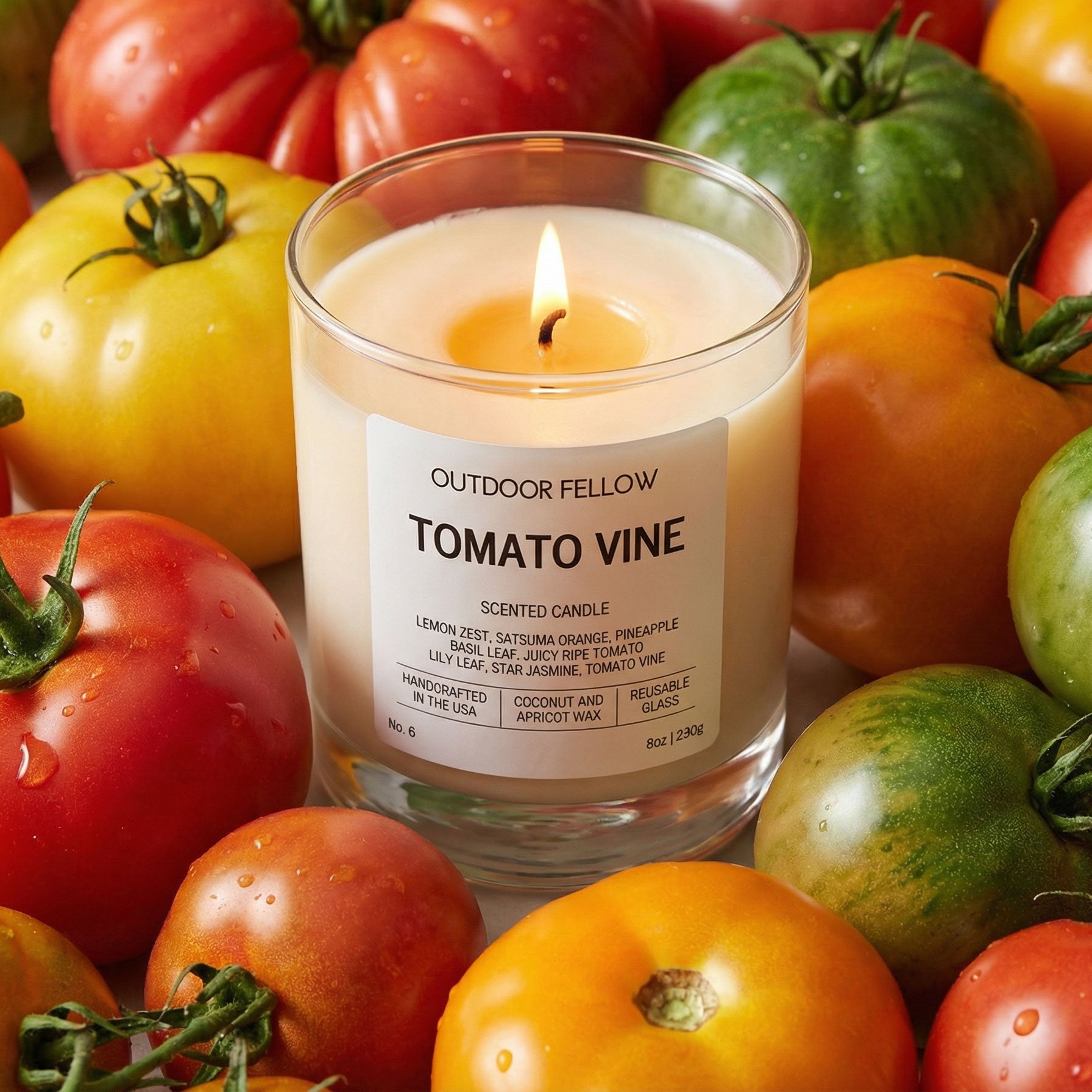 Outdoor Fellow Tomato Vine candle surrounded by ripe heirloom tomatoes in vibrant shades of red, yellow, and green.