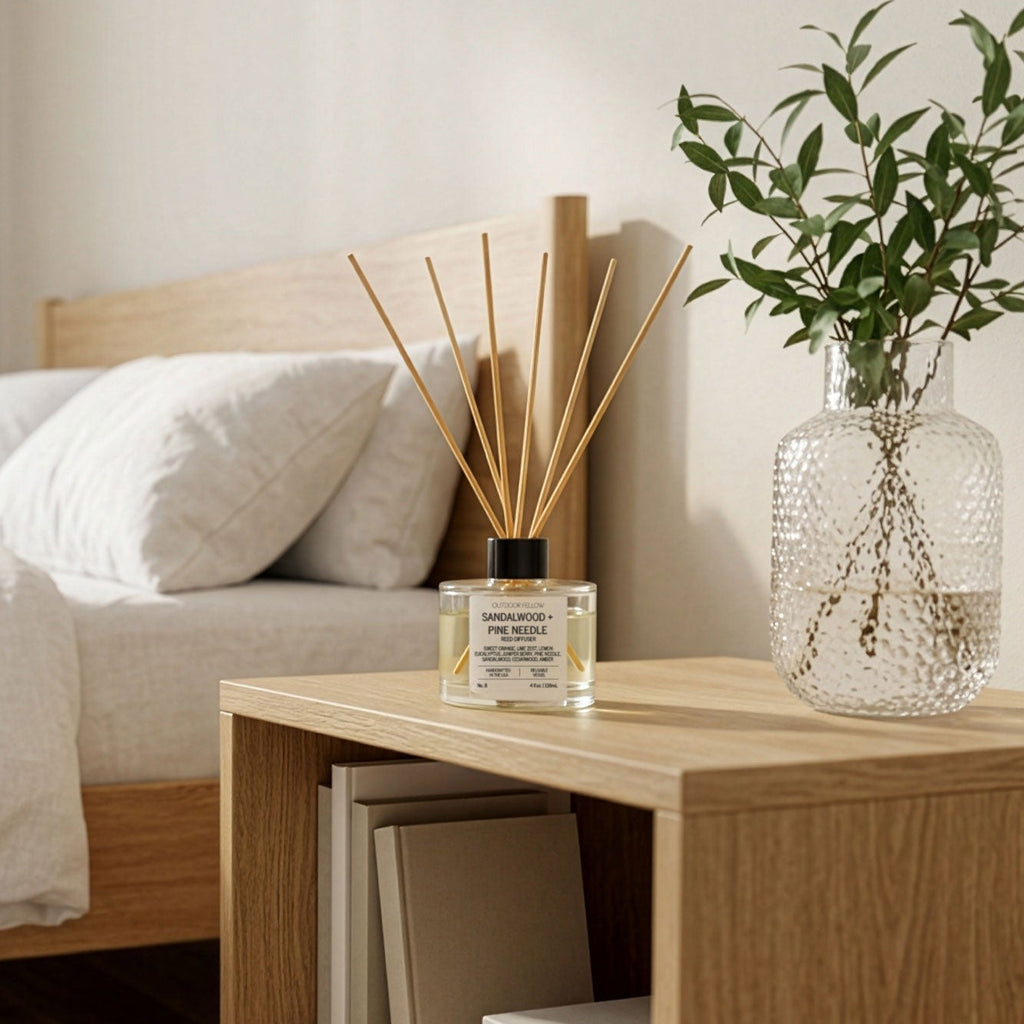 Sandalwood + Pine Needle reed diffuser in a bedroom with wooden nightstand, bed, and decor items.