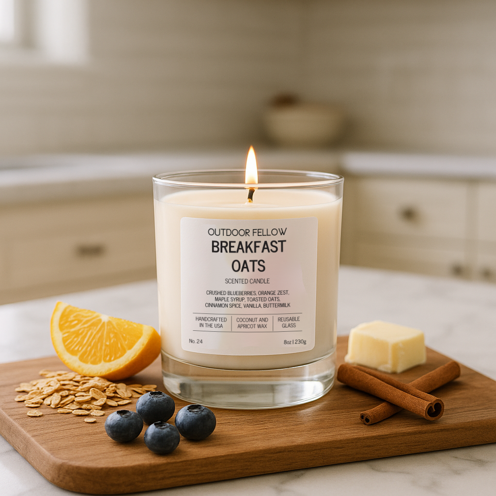 Candle labeled 'Breakfast Oats' on a wooden board with fruits and oats.