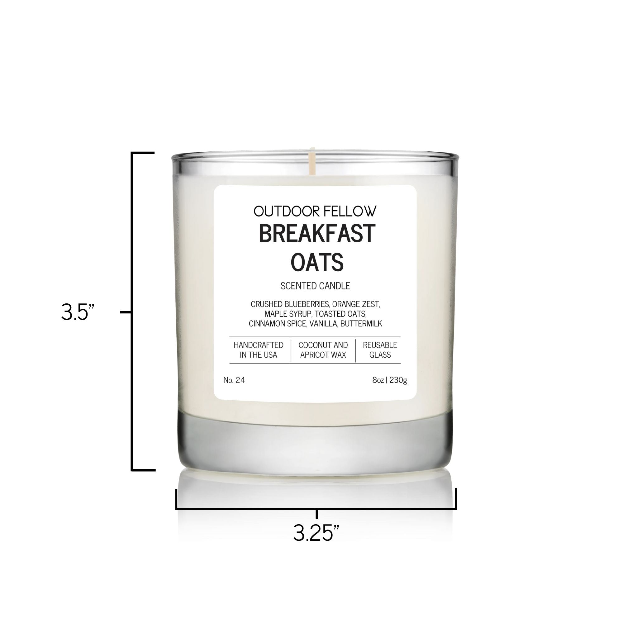 Breakfast Oats scented candle is 3.5 inches tall and 3.25 inches in diameter
