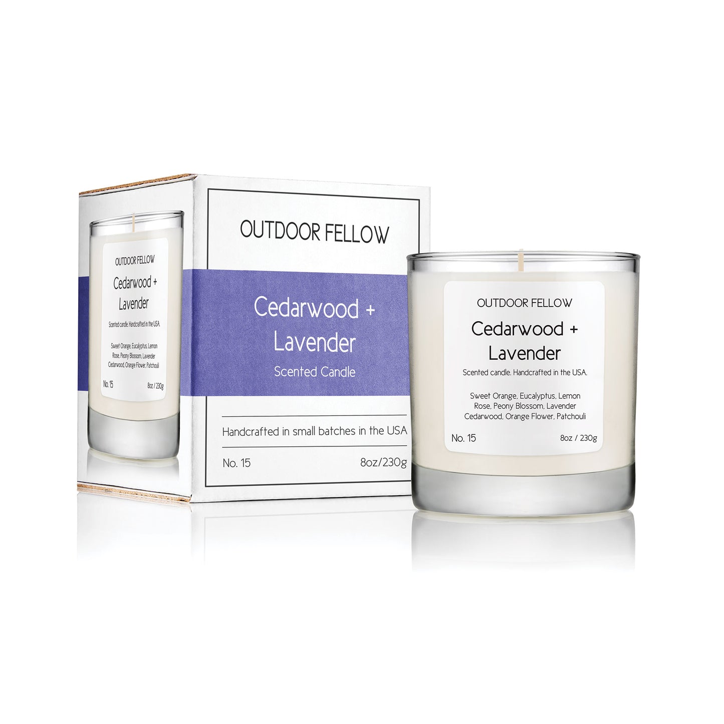 Cedarwood and Lavender scented candle next to packaging on white background