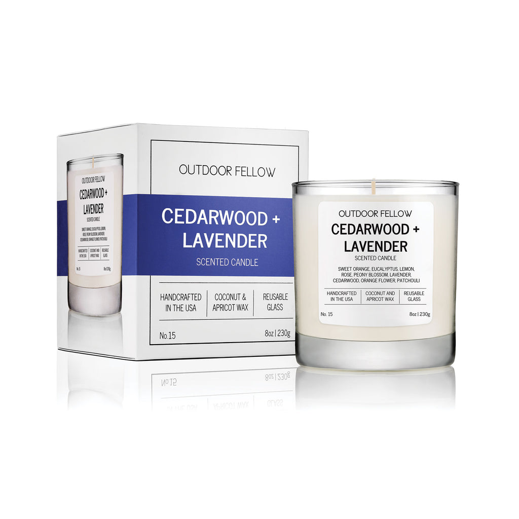 Cedarwood and Lavender scented candle with packaging