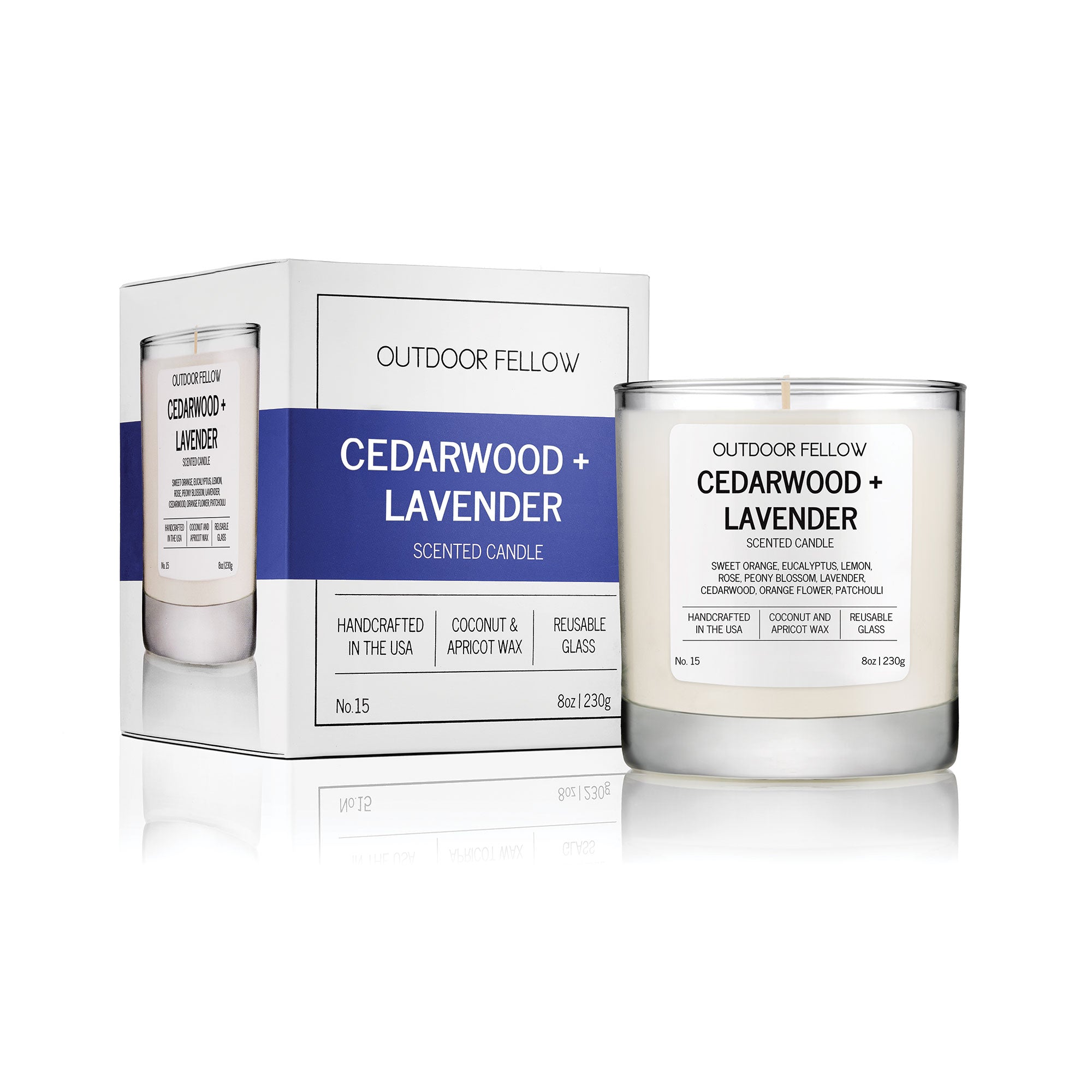 Cedarwood and Lavender scented candle with packaging