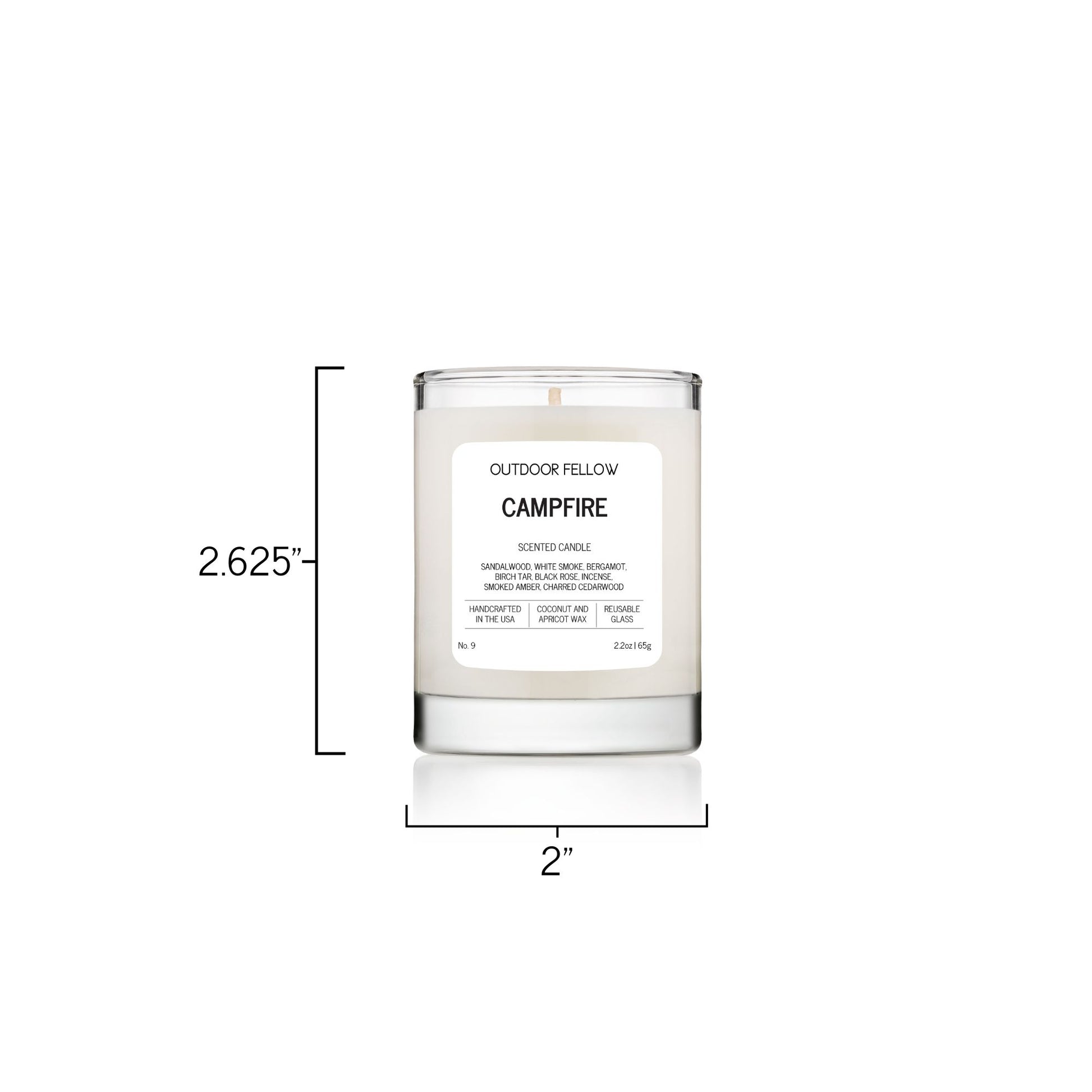 Campfire 2.2oz scented candle is 2.625 inches tall and 2 inches in diameter.