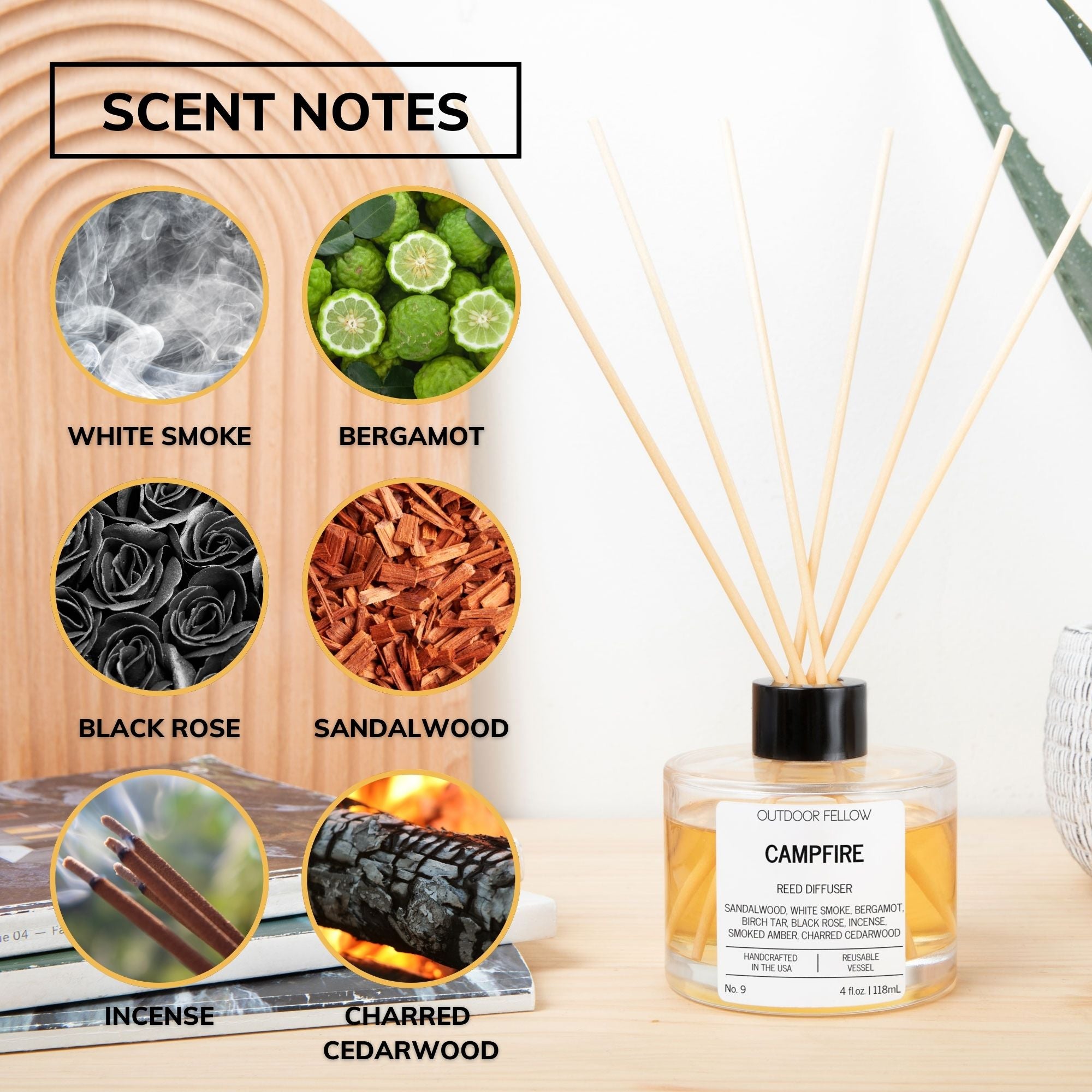 Outdoor Fellow Campfire reed diffuser displayed with scent notes shown in circles: white smoke, bergamot, black rose, sandalwood, incense, and charred cedarwood.
