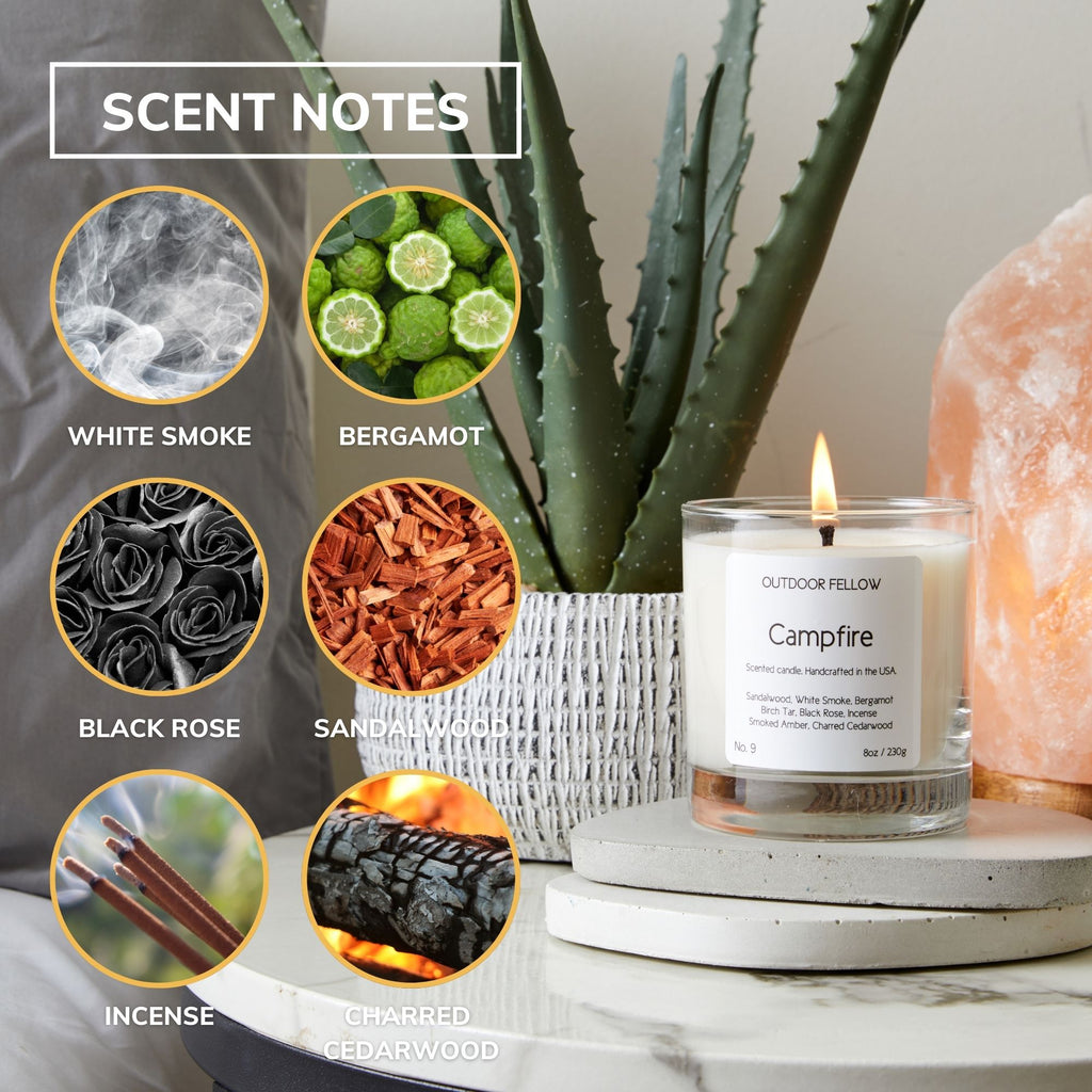 Scent notes include white smoke, bergamot, black rose, sandalwood, incense, charred cedarwood