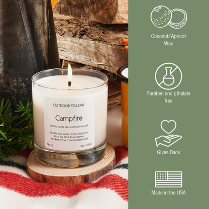 Campfire candle infographic that lists out coconut and apricot wax, paraben and pthalate free, gives back and made in the USA