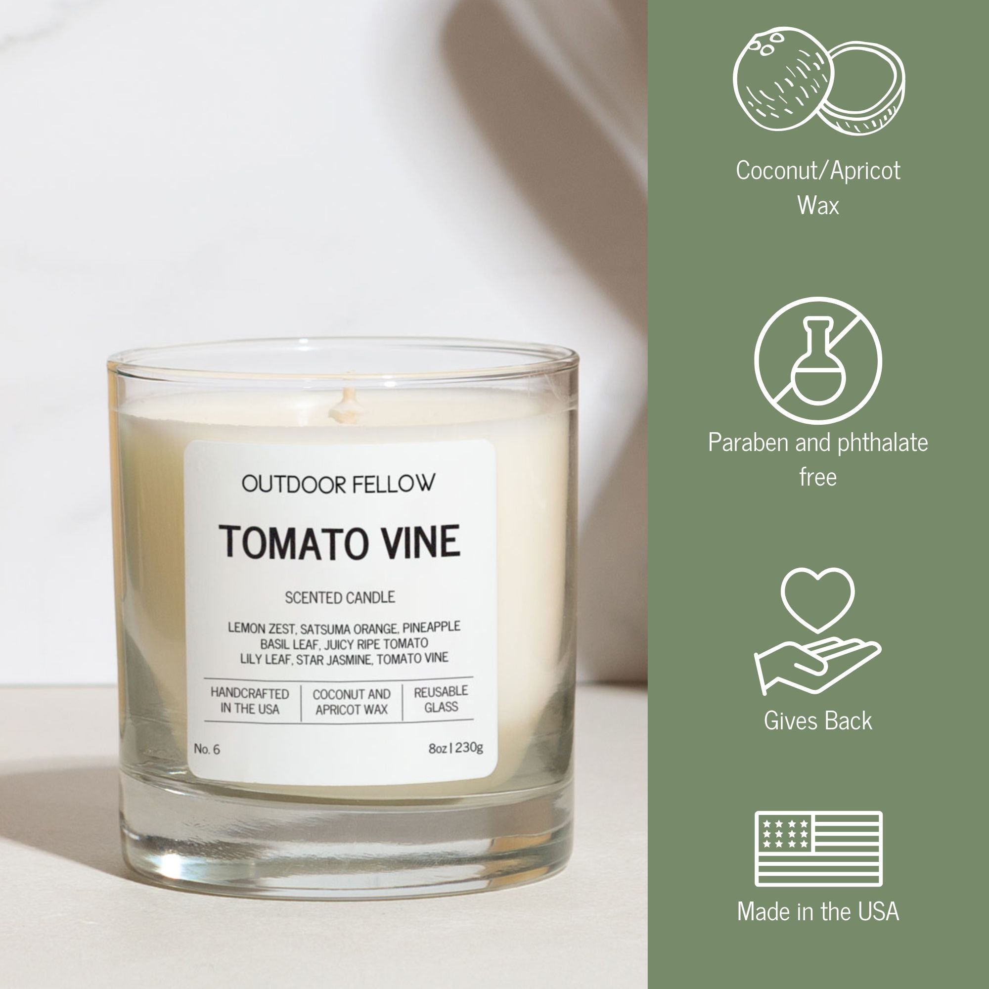 Candle labeled 'Tomato Vine' by Outdoor Fellow with product details on a green sidebar.