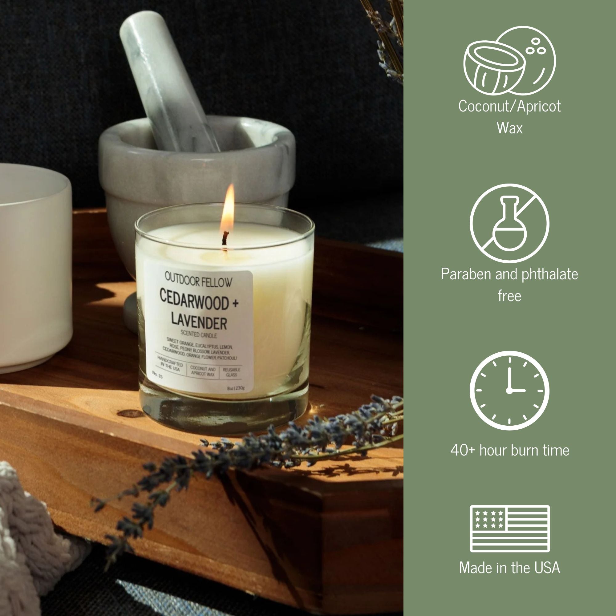 Candle with a label on a wooden surface, surrounded by lavender and a mortar and pestle. Infographic says coconut/apricot wax, paraben and pthalate free, 40+ hour burn time and made in the USA.