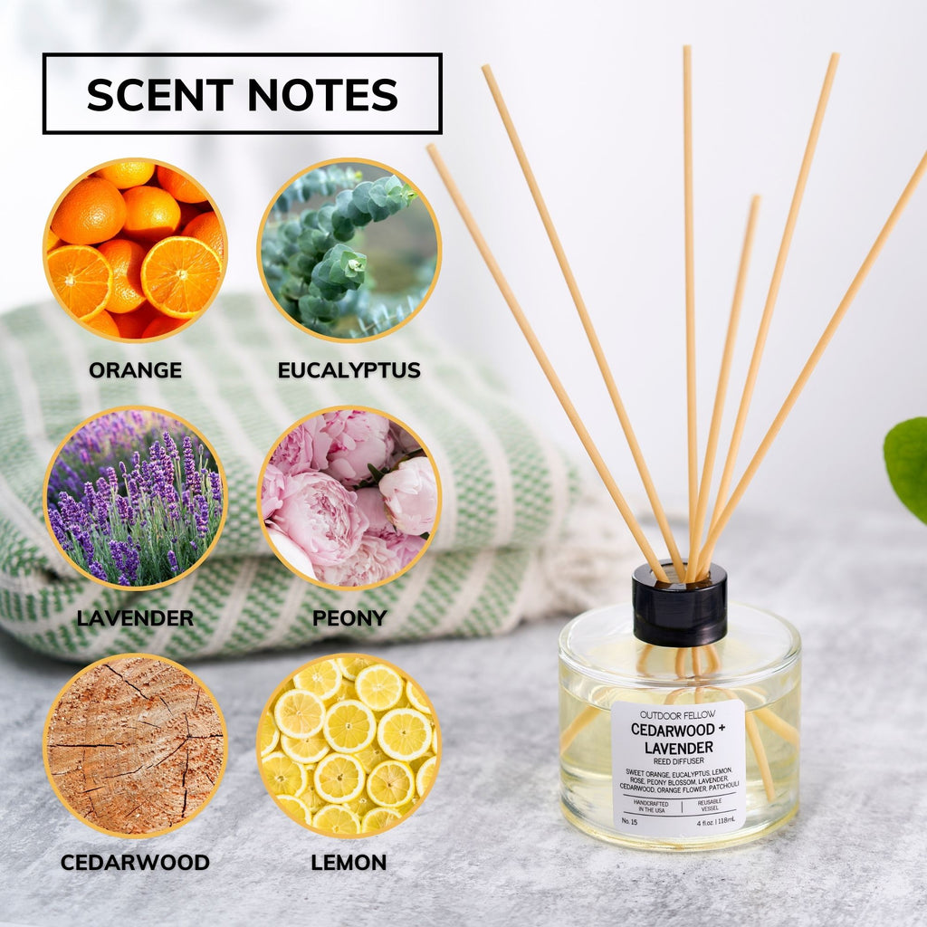 Cedarwood and Lavender reed diffuser scent notes include orange, eucalyptus, lavender, peony, cedarwood and lemon.