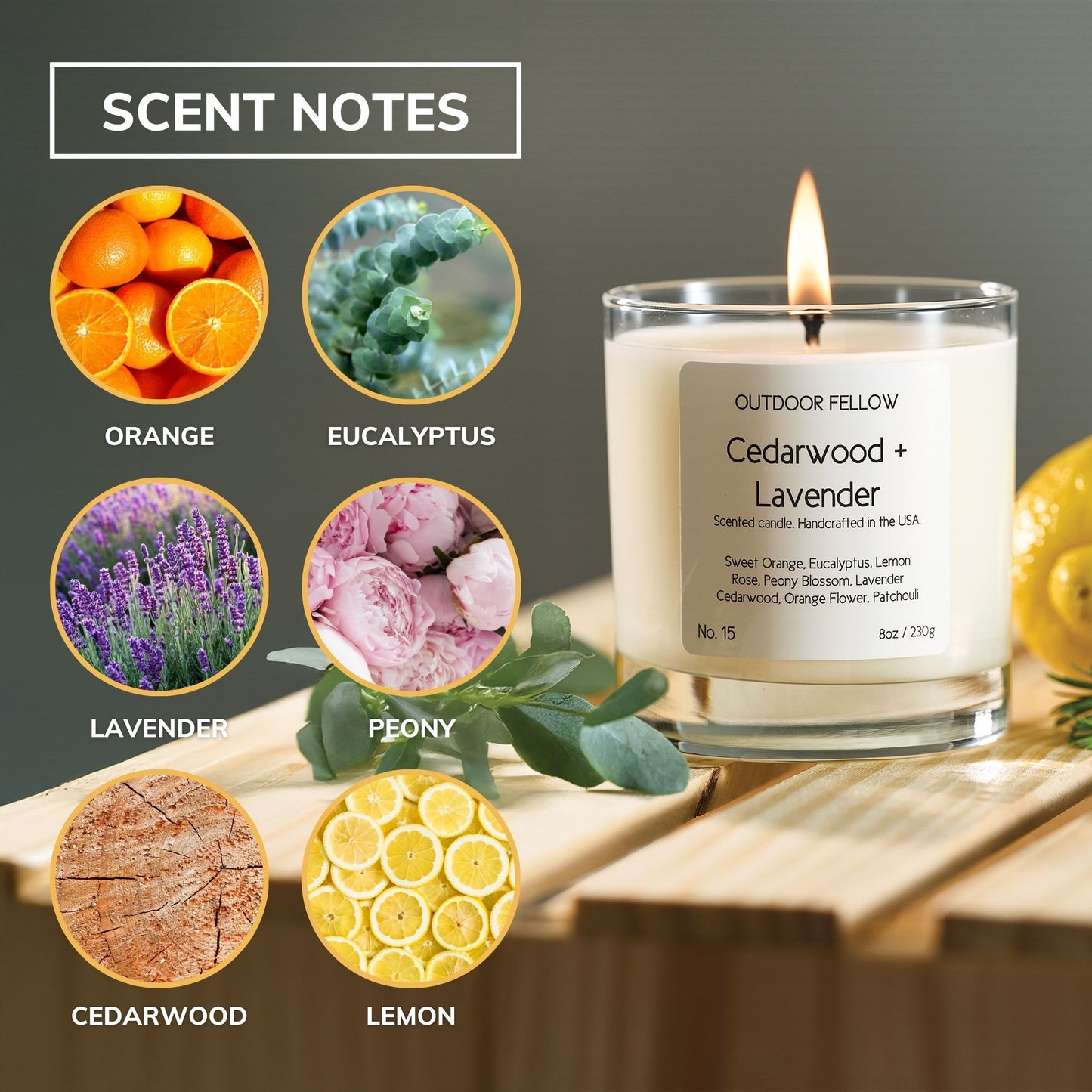 Scent notes include orange, eucalyptus, lavender, peony, cedarwood, and lemon