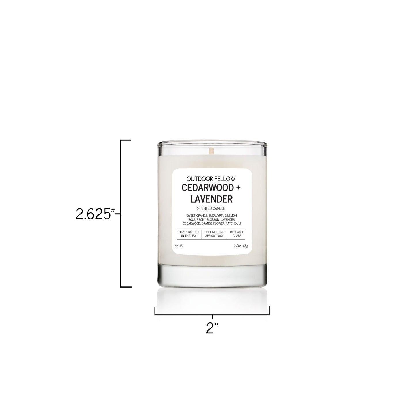 Cedarwood and Lavender 2.2oz scented candle is 2.625 inches tall and 2 inches in diameter.