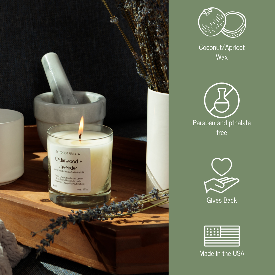 Cedarwood and Lavender candle infographic that lists out coconut and apricot wax, paraben and pthalate free, gives back and made in the USA
