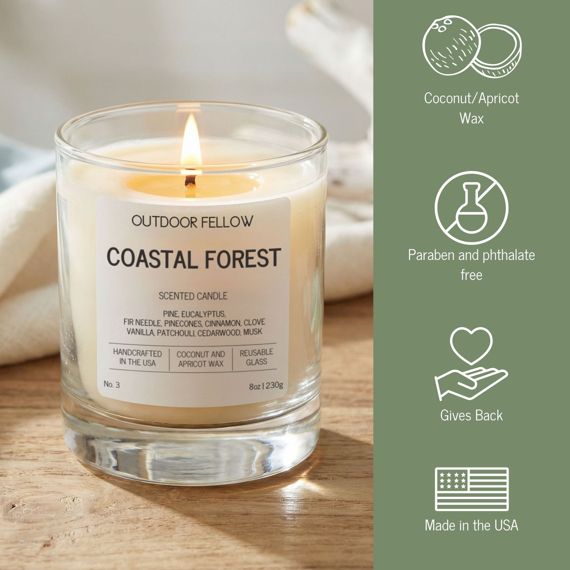 Candle labeled 'Coastal Forest' by 'Outdoor Fellow' on a wooden surface with product details on the right.