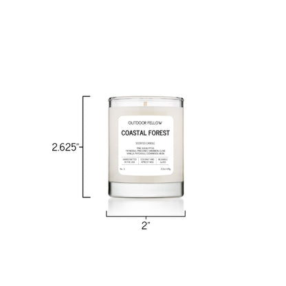 Coastal Forest 2.2oz scented candle is 2.625 inches tall and 2 inches in diameter