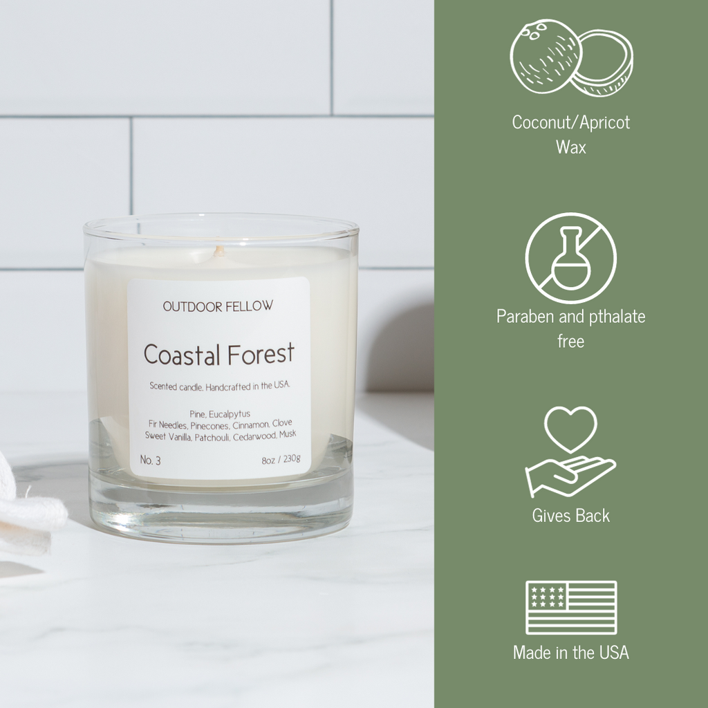 Coastal Forest candle infographic that lists out coconut and apricot wax, paraben and pthalate free, gives back and made in the USA