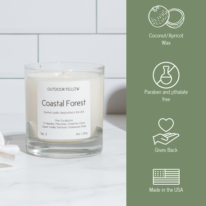 Coastal Forest candle infographic that lists out coconut and apricot wax, paraben and pthalate free, gives back and made in the USA