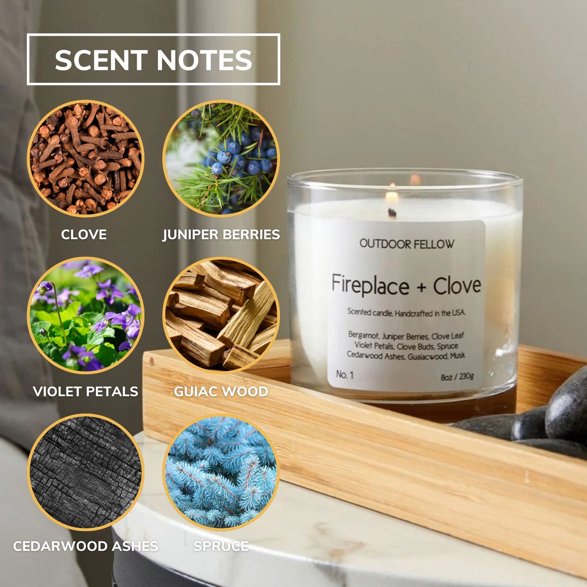 Fireplace and Clove Scent Notes include clove, juniper berries, violet petals, guiacwood, cedarwood ashes and spruce