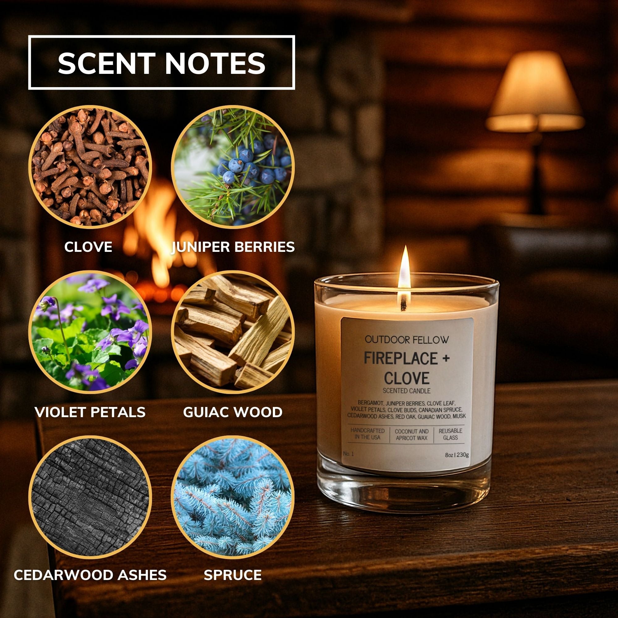 Lit Fireplace + Clove candle on a wooden table in a cozy cabin, with labeled scent note images showing clove, juniper berries, violet petals, guaiac wood, cedarwood ashes, and spruce.