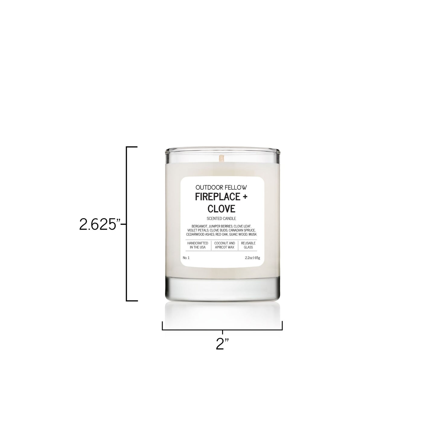 Fireplace and Clove 2.2oz scented candle is 2.625 inches tall and 2 inches in diameter.