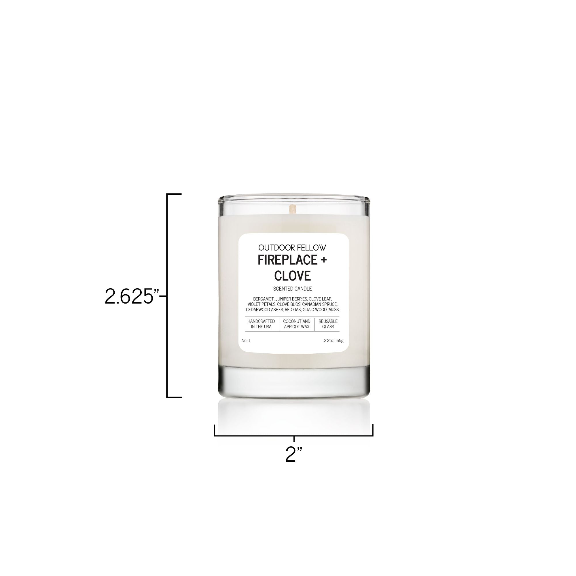 Fireplace and Clove 2.2oz scented candle is 2.625 inches tall and 2 inches in diameter.