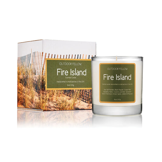 Fire Island scented candle and package on white background