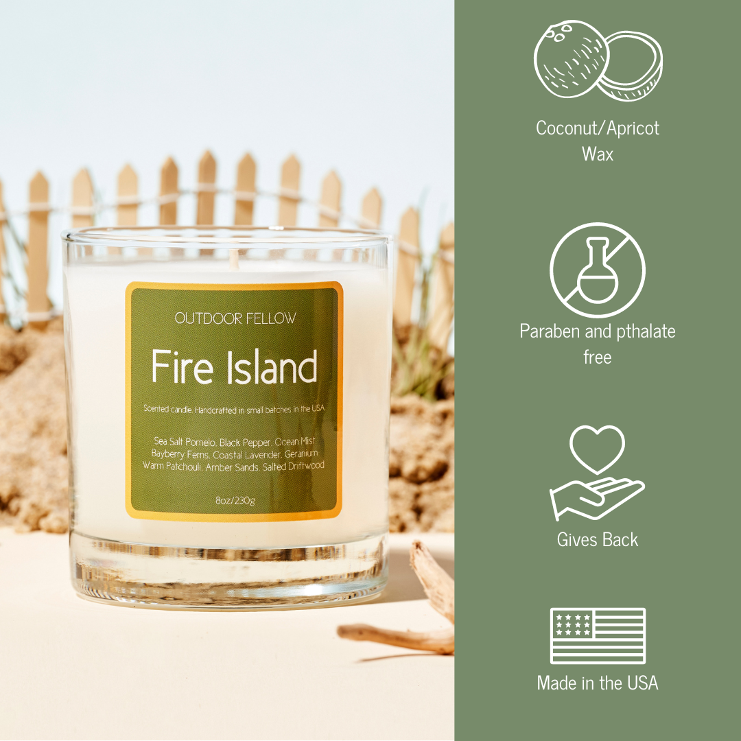 Fire Island candle infographic that lists out coconut and apricot wax, paraben and pthalate free, gives back and made in the USA