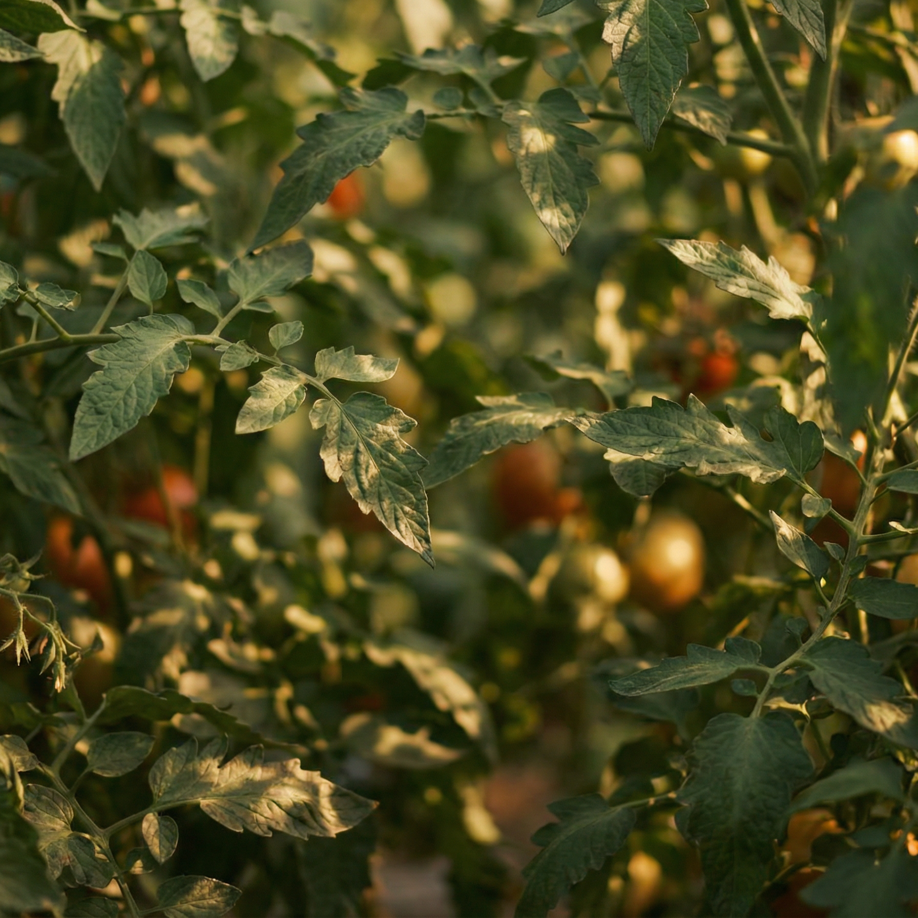 Tomato plants with green leaves and small tomatoes in a garden.