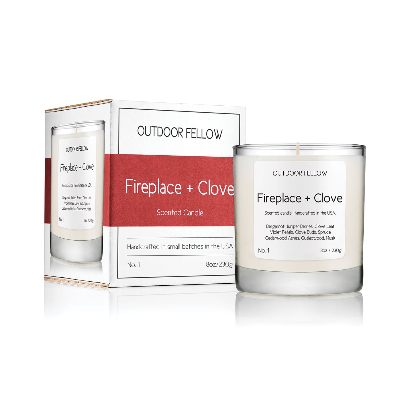 Fireplace and Clove scented candle next to packaging