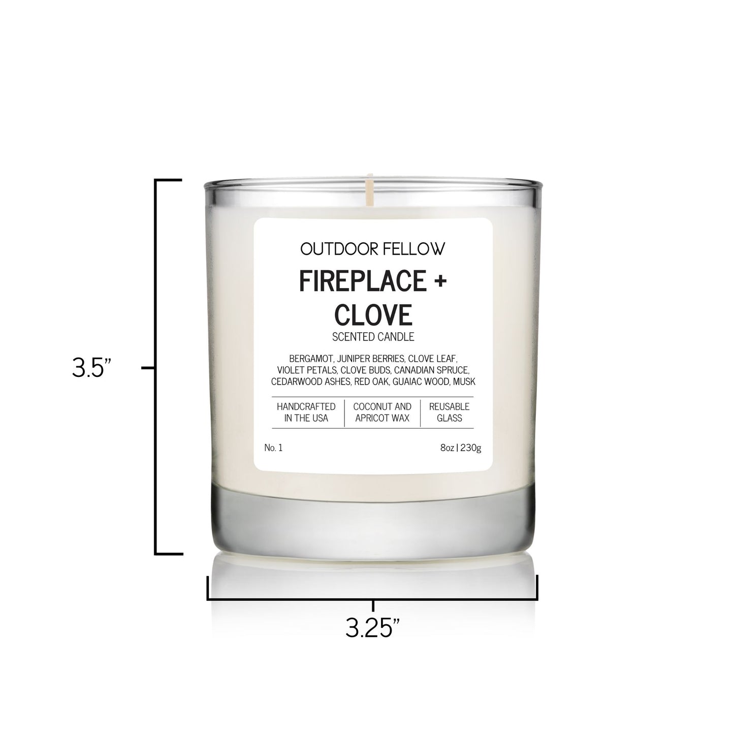 Fireplace and Clove scented candle measurements are 3.25 inches in diameter and 3.5 inches tall