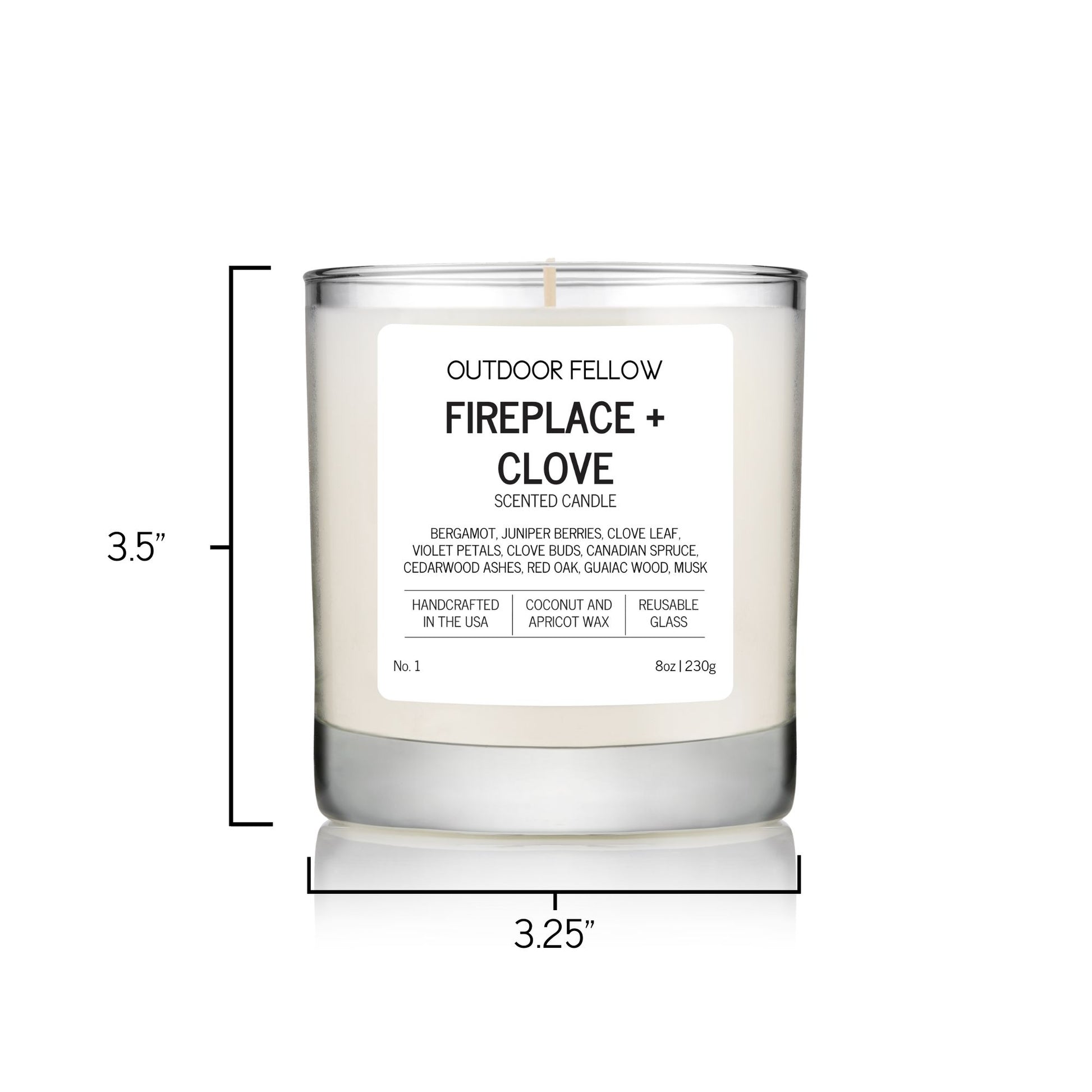 Fireplace and Clove scented candle measurements are 3.25 inches in diameter and 3.5 inches tall