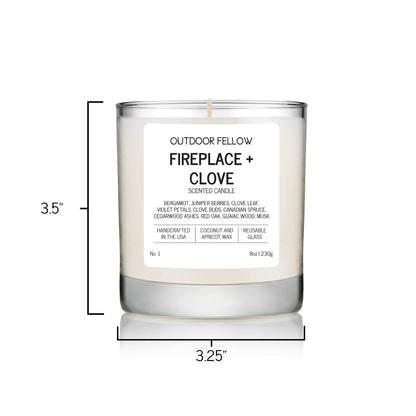 Fireplace and Clove scented candle measurements are 3.25 inches in diameter and 3.5 inches tall