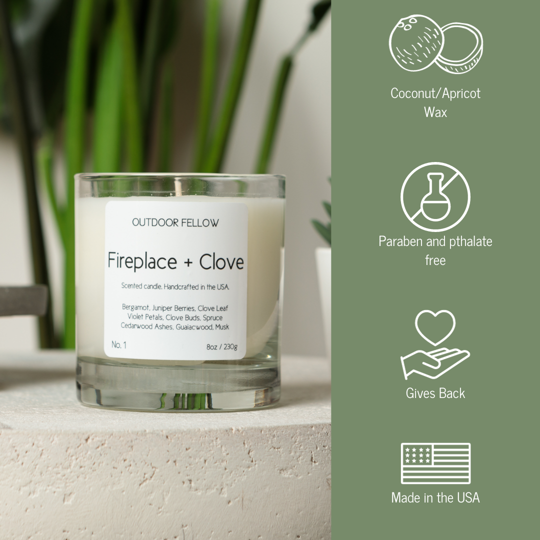 Fireplace and Clove candle infographic that lists out coconut and apricot wax, paraben and pthalate free, gives back and made in the USA