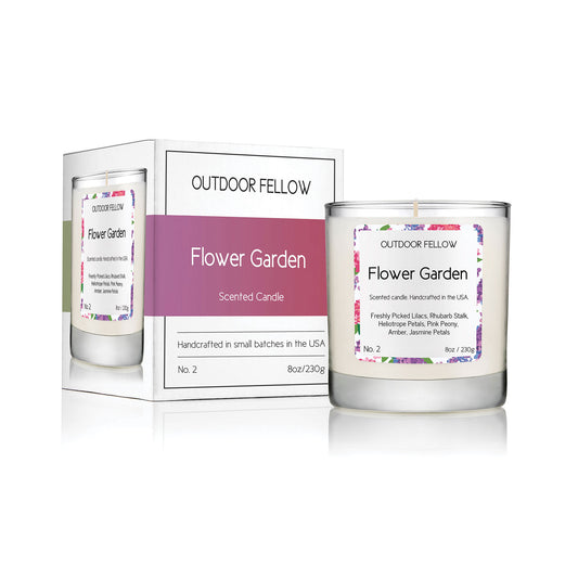 Flower Garden scented candle next to its packaging